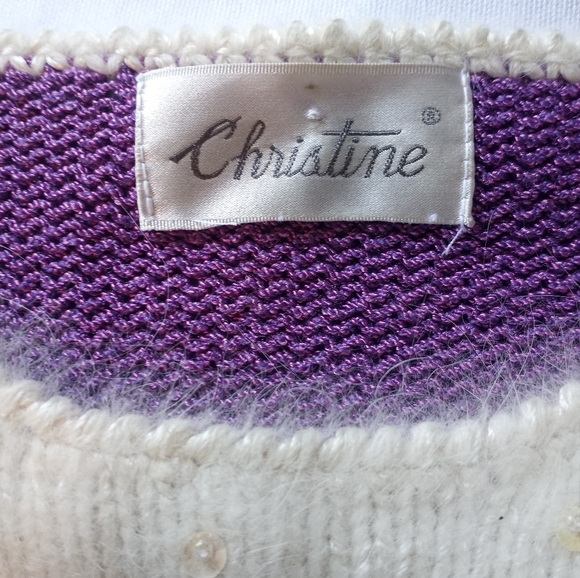 Vintage 80s Christine Knit Purple White Angora Sequined Mixed Media Sweater M - Picture 6 of 7